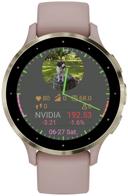 MarketWatch Watch Face Home with clock, custom image and info rows